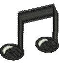 Stylized black musical note with rounded heads and white highlights, featuring a simple and clear design.