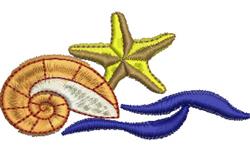 Colorful nautilus shell with warm tones, a yellow starfish, and swirling blue waves, perfect for summer embroidery.