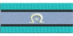 Decorative embroidered patch featuring a teal background, blue stripe, and a light Omega symbol, showcasing contemporary styl