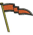 Stylized orange flag with a curved shape attached to a yellow pole, vibrant and bold design for flags.