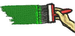 Playful paint roller applying bright green paint, held by a hand, with smooth strokes on a simple surface.