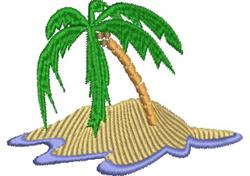 Playful palm tree with vibrant green leaves and a brown trunk over a sandy beach, perfect for summer decor.