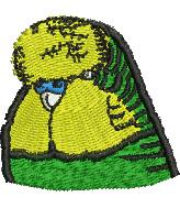 Parakeet with vibrant green feathers, fluffy yellow crest, and bright blue eye, showcasing playful embroidery.