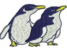 Playful penguins in cartoon style, with black and white bodies, bright yellow beaks, and feet.