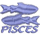 Two fish in light blue overlap slightly, with 'PISCES' text below, in a simple, illustrative embroidery style.