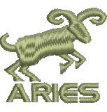Stylized ram in light green with curved horns and robust form, featuring 'ARIES' text in coordinating green. Perfect for deco