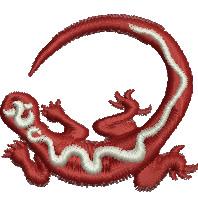 Playful red lizard in dynamic pose with curling tail and white accents, vibrant and whimsical design.