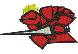 Bold red rose with deep shading and green leaf, complemented by a fierce dagger, creating a vibrant floral motif.