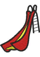 Playful red slide adorned with cheerful yellow accents, featuring a simple ladder, perfect for children's playtime.