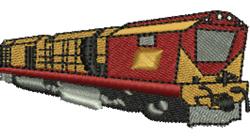 Vibrant cartoon train with a red body, yellow details, and a smokestack, ideal for playful embroidery.