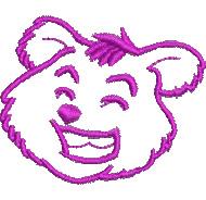 Playful cartoon bear head with a big smile, rosy cheeks, and outlined in vibrant purple, perfect for kids.