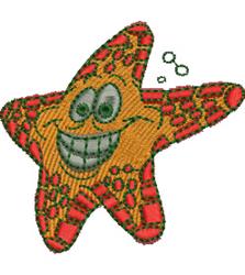 Playful smiling starfish with yellow body, red patterns, and green accents, featuring bubbles, perfect for children's items.