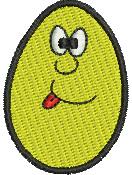 Smiling yellow egg with cartoon eyes and tongue out, outlined in black. Perfect for cheerful Easter themes.