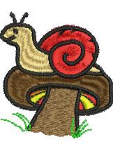 Playful snail with a vibrant red shell resting on a brown mushroom among green grass in a cartoonish style.