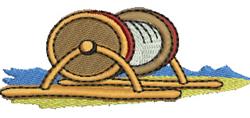Cartoonish spool of thread on a wooden frame, featuring vibrant colors with a light brown body and white center.