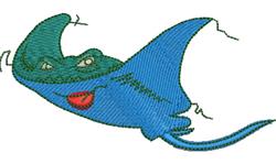 Playful stingray with a blue body and green dorsal side, featuring a red mouth and expressive eyes.