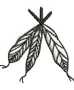 Stylized feather design with bold black outlines and intricate linework, arranged symmetrically.