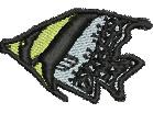Stylized fish in vibrant yellow and gray, outlined in black, showcases modern design on decorative fabric.