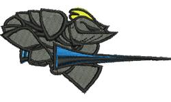 Stylized fish in gray with a vibrant yellow fin and a blue trumpet-like extension, embodying dynamic energy.