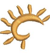 Stylized sun in playful golden shades with curved rays of different lengths, simple design perfect for summer.