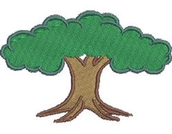 Stylized tree with rich green foliage and a textured brown trunk in a playful cartoonish style.