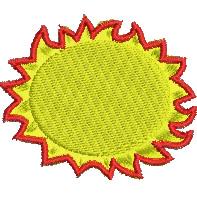 Bright yellow sun with bold red rays, perfect for summer-themed playful embroidery on children's items.