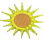 Bright yellow sun with elongated rays and a textured brown center, cheerful and playful in style.