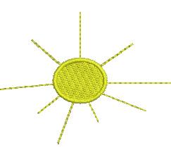 Bright yellow sun with circular center and elongated rays, in a simple, cheerful style for summer projects.