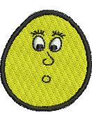 Playful yellow egg with surprised expression and large eyes, outlined in black for Easter decorations.