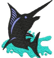Stylized swordfish in bold black with purple accents leaps from a turquoise water splash, showcasing dynamic movement.