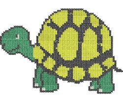 Cross stitch turtle with a bright yellow shell, green body, and cheerful expression, ideal for playful themes.