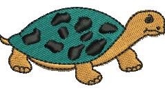 Cartoon turtle with a green shell and black spots, tan body, playful style, perfect for kids' embroidery.