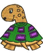Cartoon turtle with a friendly face and green shell, featuring playful purple squares, perfect for children's decor.
