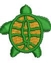 Playful turtle applique with a vibrant green shell and orange detailing, cartoon style.