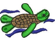 Playful design of a green turtle with a brown shell swimming through blue waves.