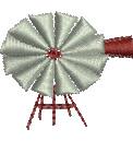 Windmill with large fan-like blades and sturdy support, illustrated in rustic muted greens and reds.