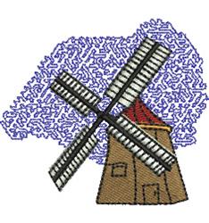Stylized windmill in playful colors with a brown structure and red roof, set against a blue background.