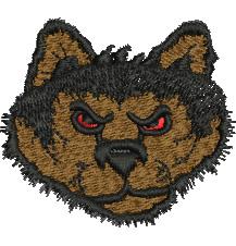 Stylized wolf head with intense red eyes, shaggy fur, and bold cartoonish features.