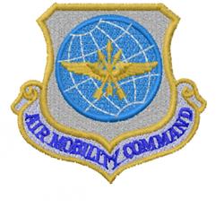 Military patch featuring a blue globe and gold emblem, with 'AIR MOBILITY COMMAND' in bold purple on a gray shield.