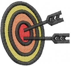 Cartoonish archery target with vibrant concentric circles in red, yellow, and black, featuring two arrows striking the center