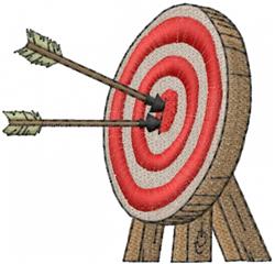 Colorful cartoon archery target with red and white circles, arrows in bullseye, on a rustic wooden stand.