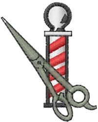 Playful barber pole with red and white stripes topped with a circular cap, alongside open scissors.