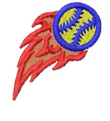 Applique baseball comet design with a vibrant red flame, blue baseball, and bold yellow stitching details.