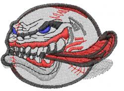 Cartoon baseball with an evil face, long red tongue, and gray background, perfect for sporty embroidered designs.