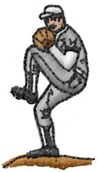 Cartoon baseball pitcher in a wind-up pose, wearing a gray and white uniform, capturing sports excitement.