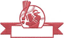 Baseball player design with bold red outline, circular frame, and customizable banner for sports apparel.