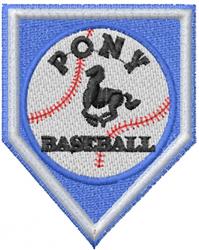 Baseball patch featuring a black pony at the center, red stitching, and bold text, vibrant sports-themed design.