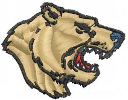 Realistic bear head in tan with darker outlines, blue nose, and red mouth, perfect for playful embroidery.
