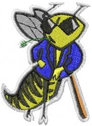 Cartoon bee in a blue jacket and sunglasses, leaning on a baseball bat, playful and colorful design.
