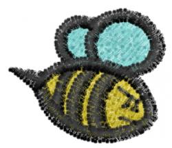 Applique bee with yellow and black stripes, large aqua wings, playful and colorful design, perfect for kids' items.